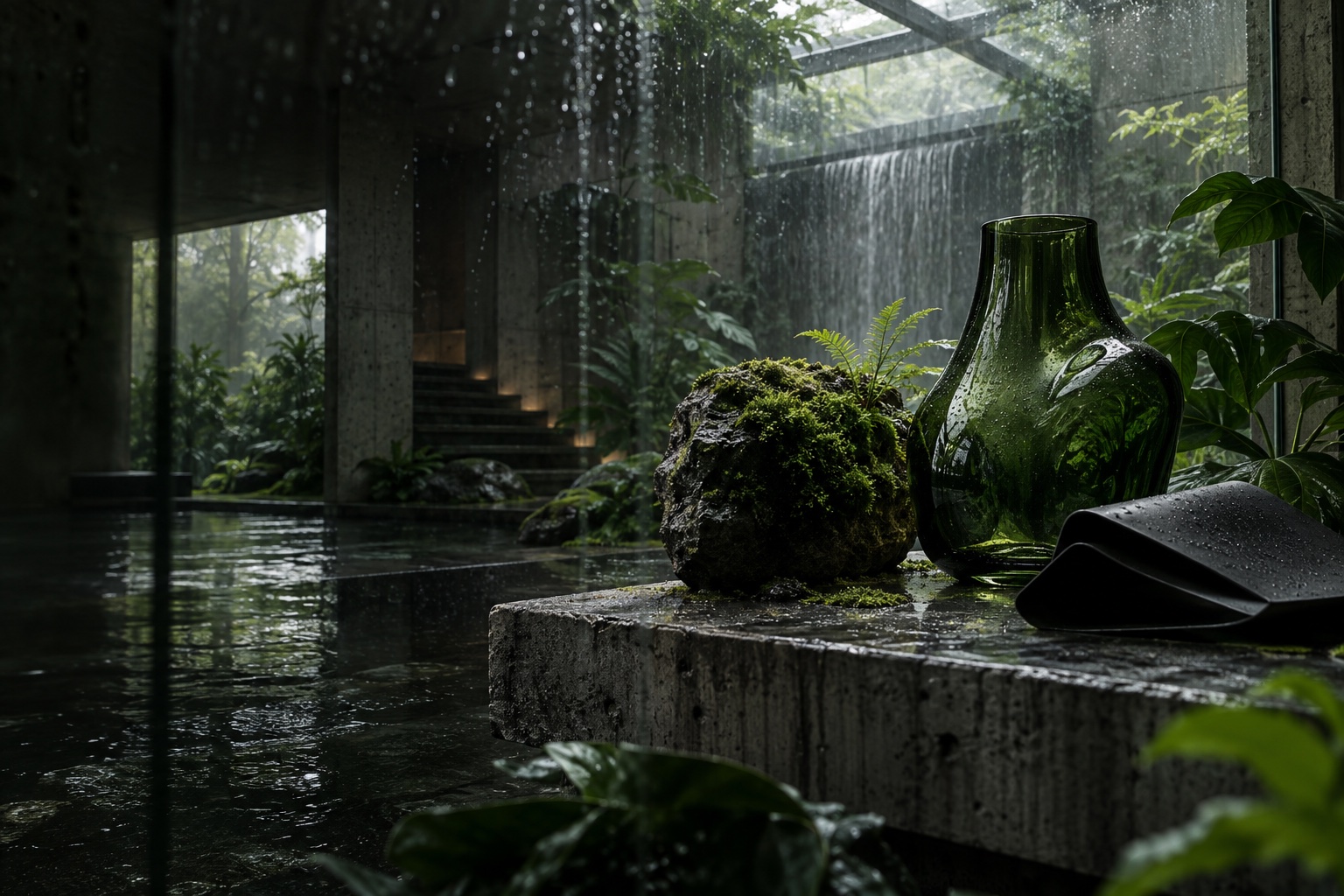 High-end product still life in a rain-lit green space