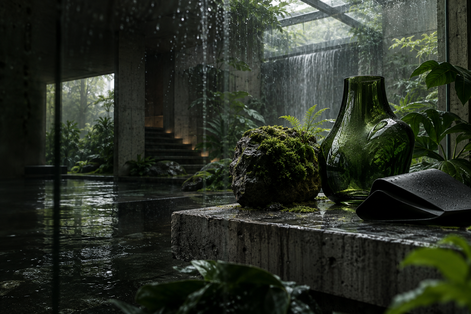 High-end product still life in a rain-lit green space