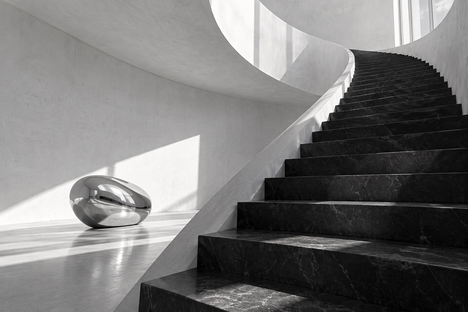 Chrome object placed within monochrome architecture