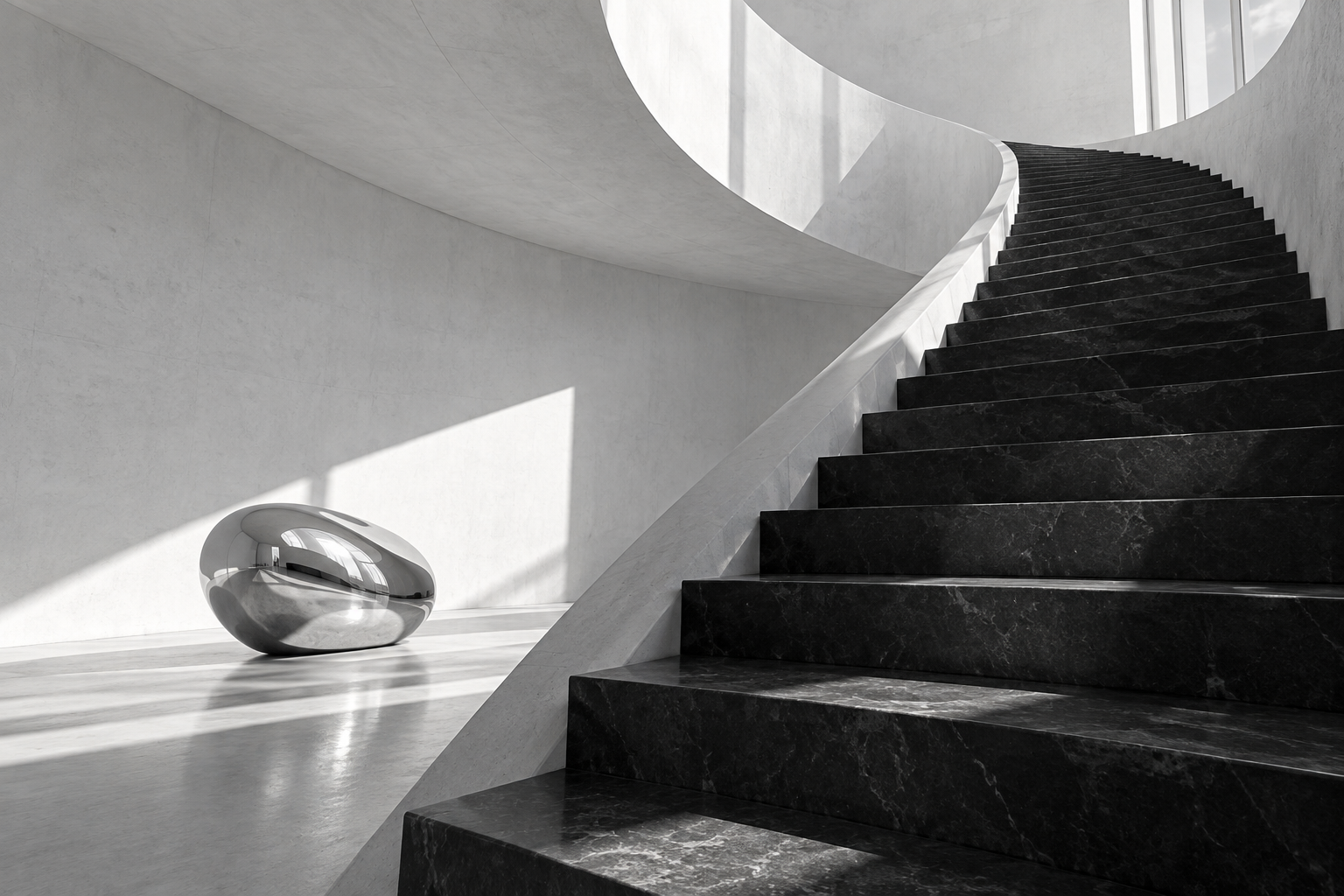 Chrome object placed within monochrome architecture