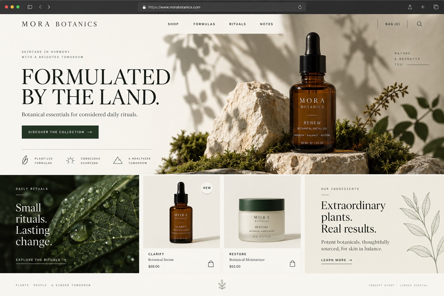 Mora Botanics beauty ecommerce website design