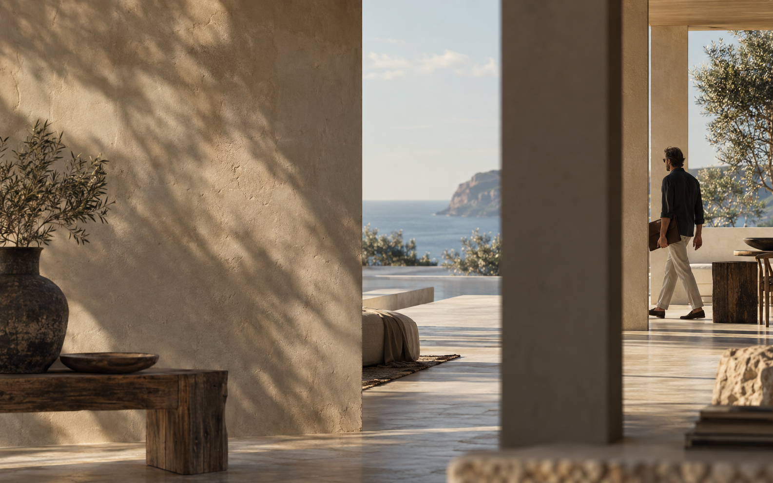 Coastal modern interior with a walking figure