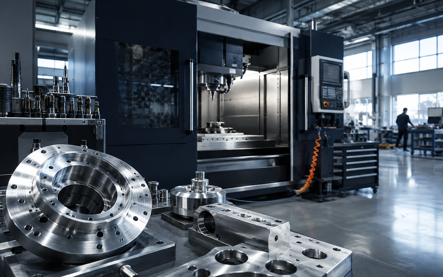 Precision manufacturing workshop with machined metal components