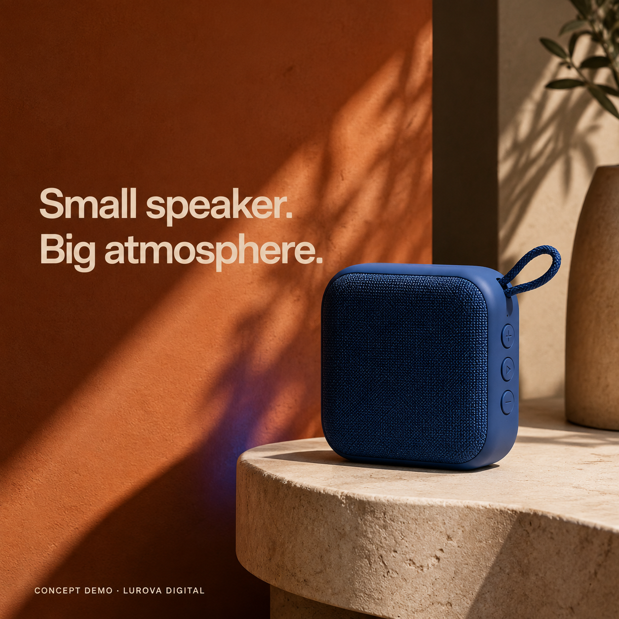 Blue portable speaker in a warm architectural setting